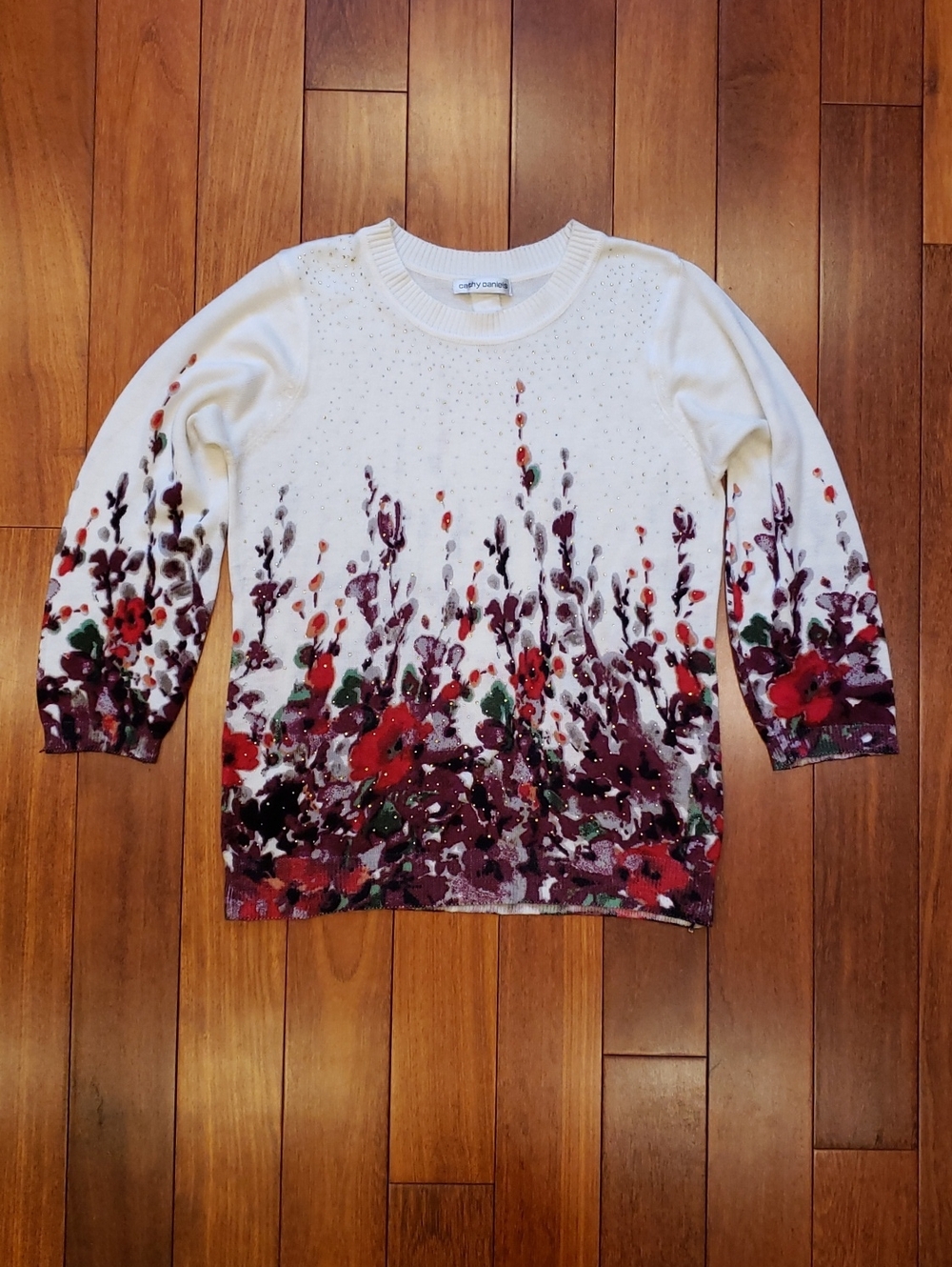 Cathy Daniels Floral sweater with rhinestones. 3/4 sleeve
